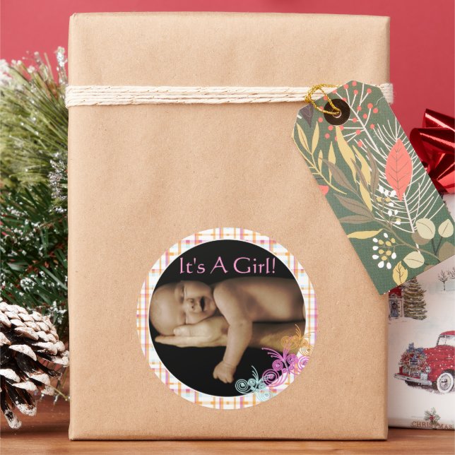 Pegatina Redonda Bebé de coral rosa lindo con tu foto de bebé (Vacaciones)