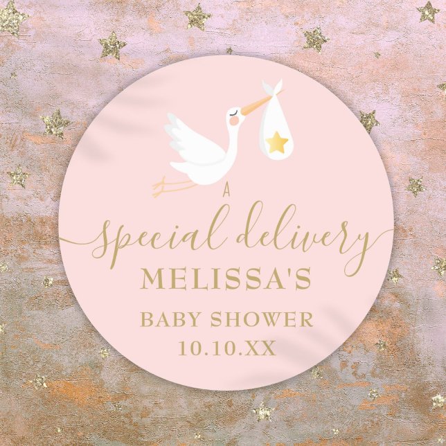 Pegatina Redonda Bebé de la cigüeña de parto especial (Special Delivery Stork Baby Girl Pink Shower Classic Round Sticker)