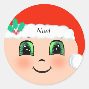 Pegatina Redonda Bebé de Navidad lindo con cara feliz