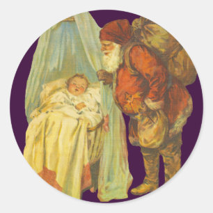 Pegatina Redonda Bebé de Navidad Santa Claus Vintage