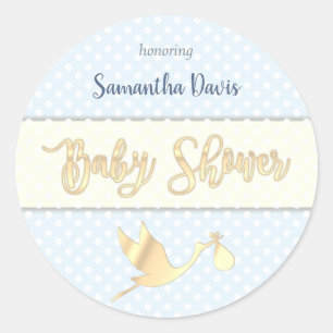 Pegatina Redonda Bebé de oro Baby Shower de la cigüeña