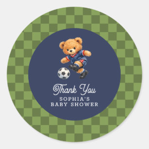 Pegatina Redonda Bebé de oso de peluche de fútbol ajedrezado ducha 