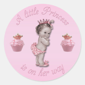 Pegatina Redonda Bebé de princesa rosa y ducha de pasteles