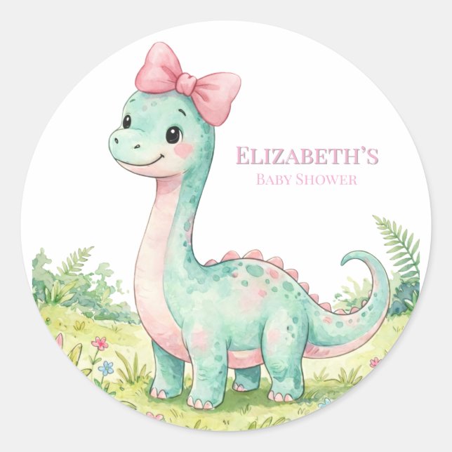 Pegatina Redonda Bebé Dinosaurio Adorable con Lazo Rosa: Fiesta de  (Anverso)