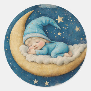 Pegatina Redonda Bebé dormido adorable en una luna creciente