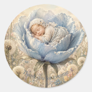 Pegatina Redonda Bebé dormido flor azul Gracias