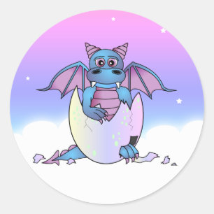 Pegatina Redonda Bebé Dragón Cute en Huevo Crackeado - Azul / Púrpu