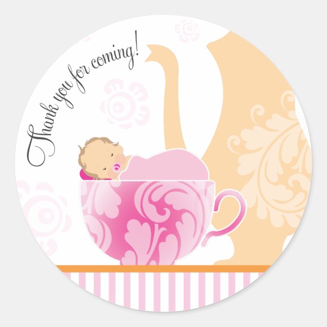 Pegatina Redonda Bebé ducha Tea Party Favorito Sticker | Niña (Anverso)