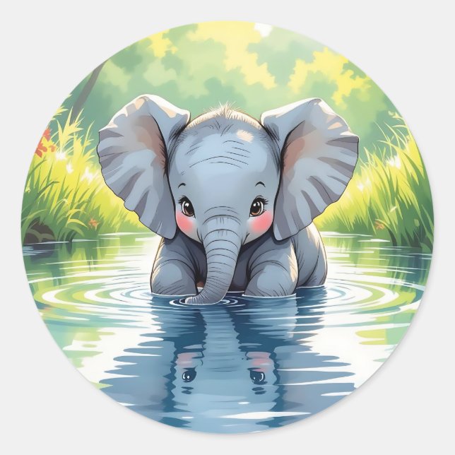 Pegatina Redonda Bebé elefante adorable y reflejo (Anverso)