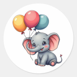 Pegatina Redonda Bebé elefante kawaii con globos coloridos