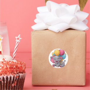 Pegatina Redonda Bebé elefante kawaii con globos coloridos