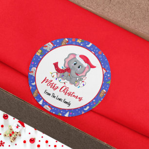 Pegatina Redonda Bebé elefante lindo con Feliz Navidad de zoológico