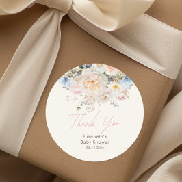 Pegatina Redonda Bebé en Baby Shower rosa floral en flor