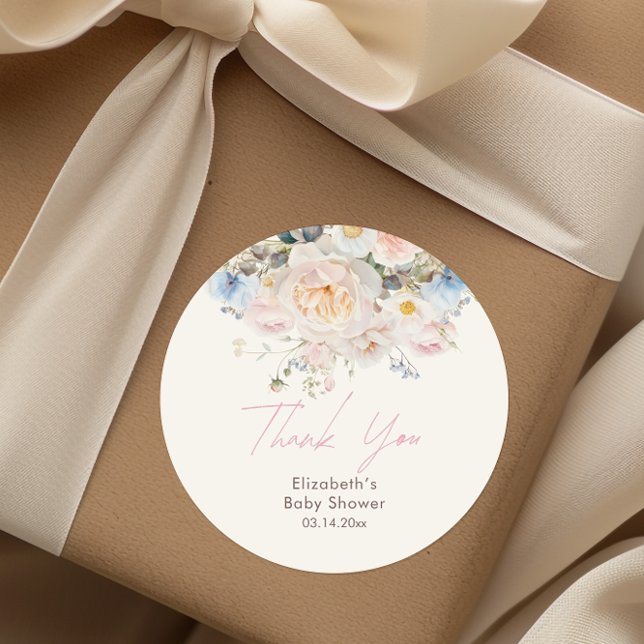 Pegatina Redonda Bebé en Baby Shower rosa floral en flor (Subido por el creador)