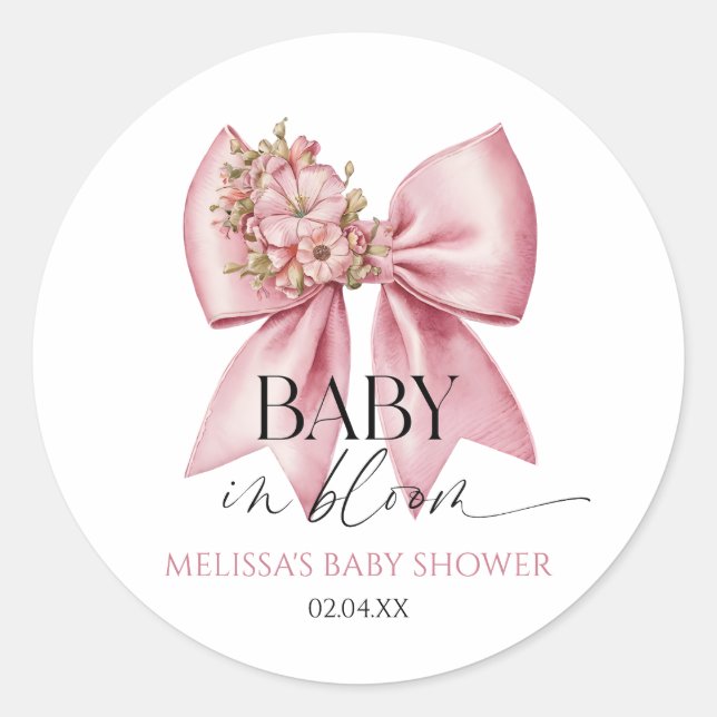 Pegatina Redonda Bebé En Bloom Baby Shower De Flor Rosa (Anverso)