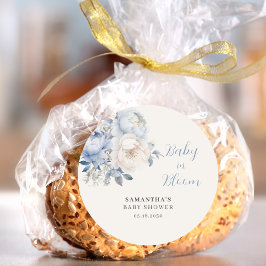 Pegatina Redonda Bebé En Bloom Blue Floral Boy Baby Shower