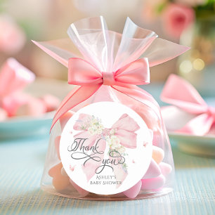 Pegatina Redonda Bebé en Bloom Bow Rosado Baby Shower Gracias