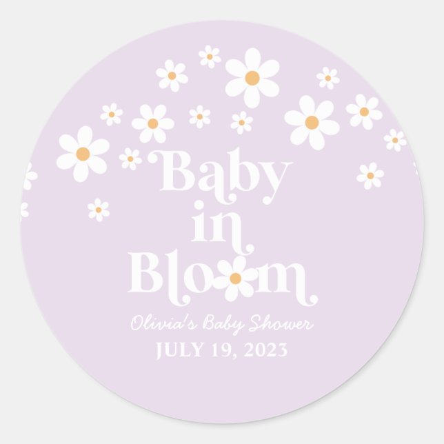 Pegatina Redonda Bebé en Bloom Daisy Lavender Baby Shower (Anverso)