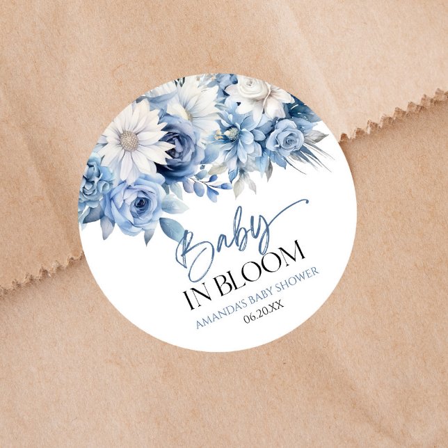 Pegatina Redonda Bebé En Bloom Dusty Blue Floral Baby Shower (Subido por el creador)