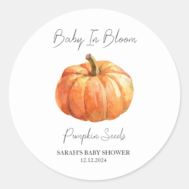 Pegatina Redonda Bebé en Bloom l Calabaza Semillas Baby Shower (Anverso)