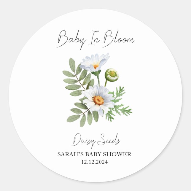 Pegatina Redonda Bebé en Bloom l Daisy Semillas Baby Shower (Anverso)