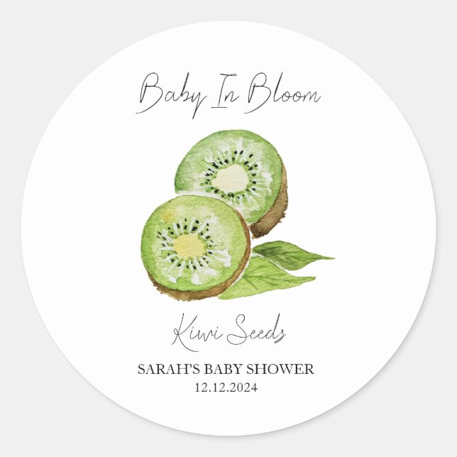 Pegatina Redonda Bebé en Bloom l Kiwi Semilla Baby Shower (Anverso)