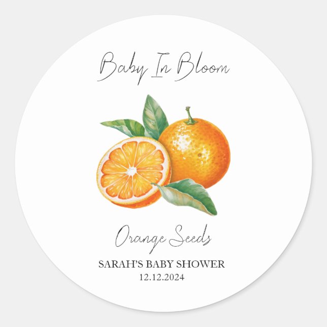 Pegatina Redonda Bebé en Bloom l Naranja Semilla Baby Shower (Anverso)