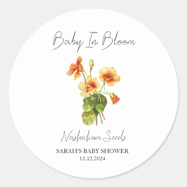 Pegatina Redonda Bebé en Bloom l Nasturtium Semilla Baby Shower (Anverso)