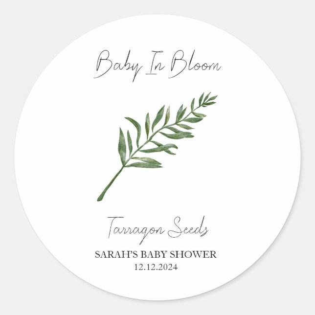 Pegatina Redonda Bebé en Bloom l Tarragon Semilla Baby Shower (Anverso)
