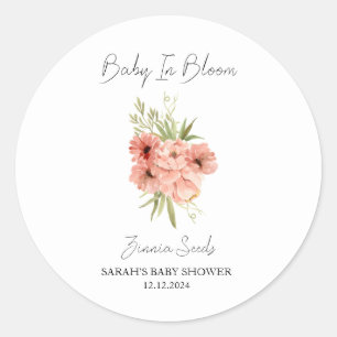 Pegatina Redonda Bebé en Bloom l Zinnia Semilla Baby Shower