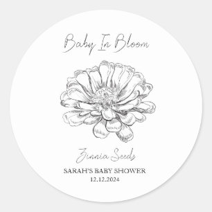 Pegatina Redonda Bebé en Bloom l Zinnia Semilla Baby Shower