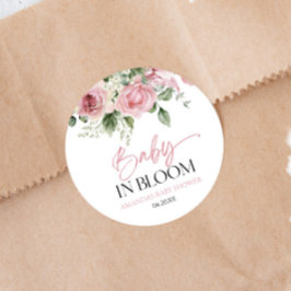 Pegatina Redonda Bebé En Bloom Pink Rose Floral Baby Shower