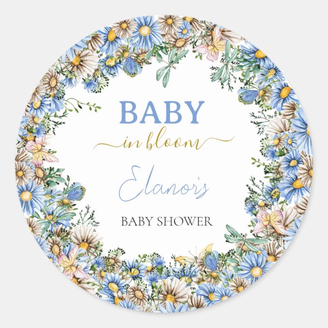 Pegatina Redonda Bebé en Bloom Wildflower Elegante niño Baby Shower (Anverso)