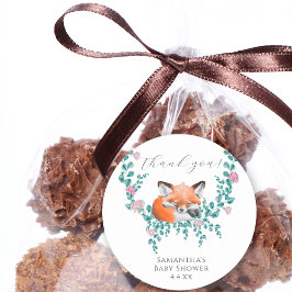 Pegatina Redonda Bebé en Bloom Woodland Fox Greenery Gracias