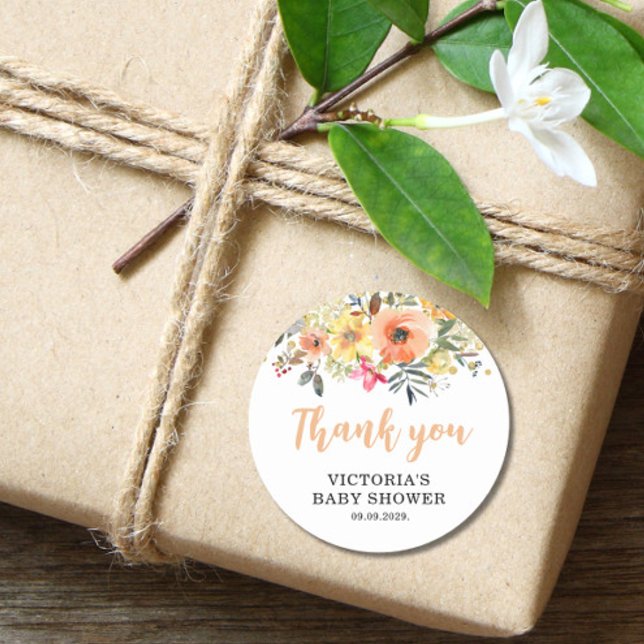 Pegatina Redonda Bebé en el Baby Shower de Bloom Gold Naranja (Subido por el creador)