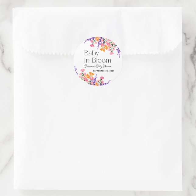Pegatina Redonda Bebé en el floreciente Baby Shower de las flores d (Bolso)
