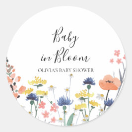 Pegatina Redonda Bebé en flor baby shower de flores silvestres