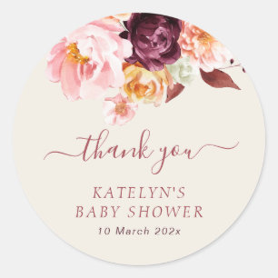 Pegatina Redonda Bebé en flor baby shower de otoño floral