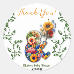 Pegatina Redonda Bebé en Flor de Enredadera Floral Baby Shower