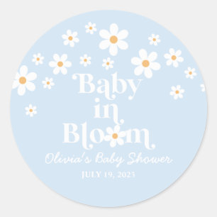 Pegatina Redonda ¡Bebé en flor! Retro Daisy azul boho Baby Shower