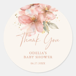 Pegatina Redonda Bebé en Flor Rosa Agradecimiento de Baby Shower Fl