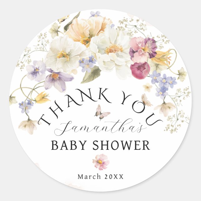 Pegatina Redonda Bebé en flor Wildflower Rustic Baby Shower (Anverso)
