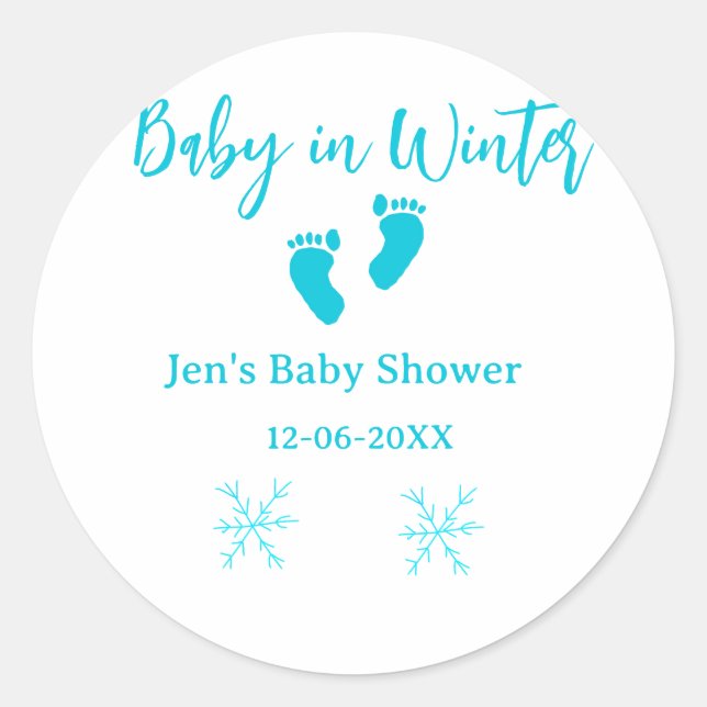 Pegatina Redonda Bebé en invierno ducha de bebé azul pies bebé neva (Anverso)