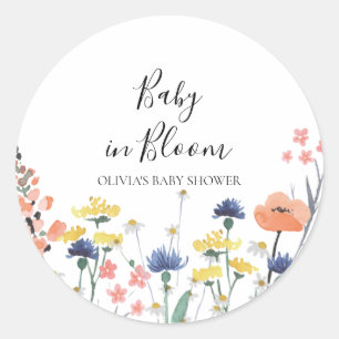 Pegatina Redonda Bebé en la ducha de flores silvestres en Bloom