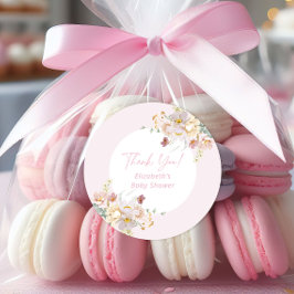 Pegatina Redonda Bebé en Rubor con un Baby Shower floral rosa