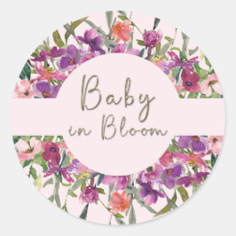 Pegatina Redonda Bebé en Rubor Floral Watercolor Baby Shower