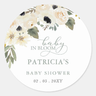 Pegatina Redonda Bebé envejecido en Baby Shower, Chica floreciente