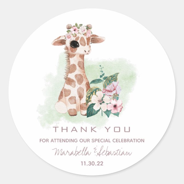 Pegatina Redonda *~* Bebé Floral Giraffe GRACIAS Dulce de la Selva (Anverso)