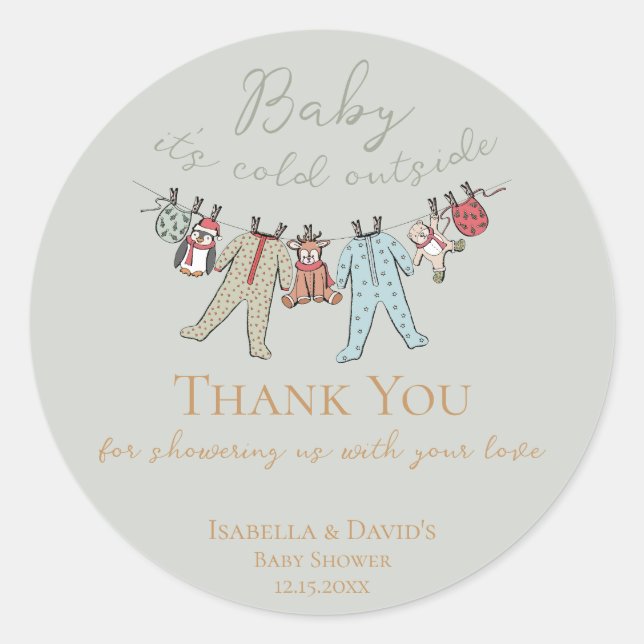 Pegatina Redonda Bebé, frío fuera del Baby Shower invernal (Anverso)