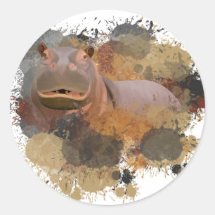 Pegatina Redonda Bebé Hippo Resumen Paint Splatter Vida silvestre